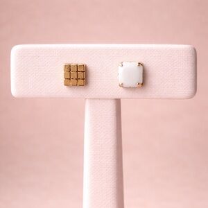 Mismatched Stud Earrings Gold Square Grid White Stone Minimalist Dainty